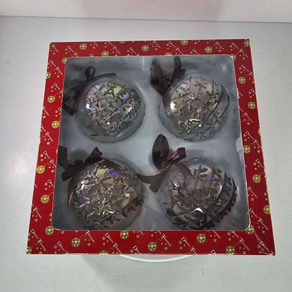 Set Of 4 Dillards Trimmings Glass Christmas Ornaments Glitter Tree Brown Ribbon - Picture 4 of 8